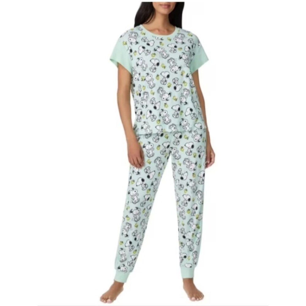 New Licensed Peanuts Pajamas Sleep Set Size XL Snoopy Woodstock Joggers Green